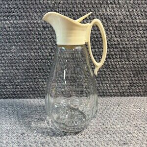 Log Cabin Glass Syrup Dispenser Pitcher White Plastic Top 7.5" Vintage